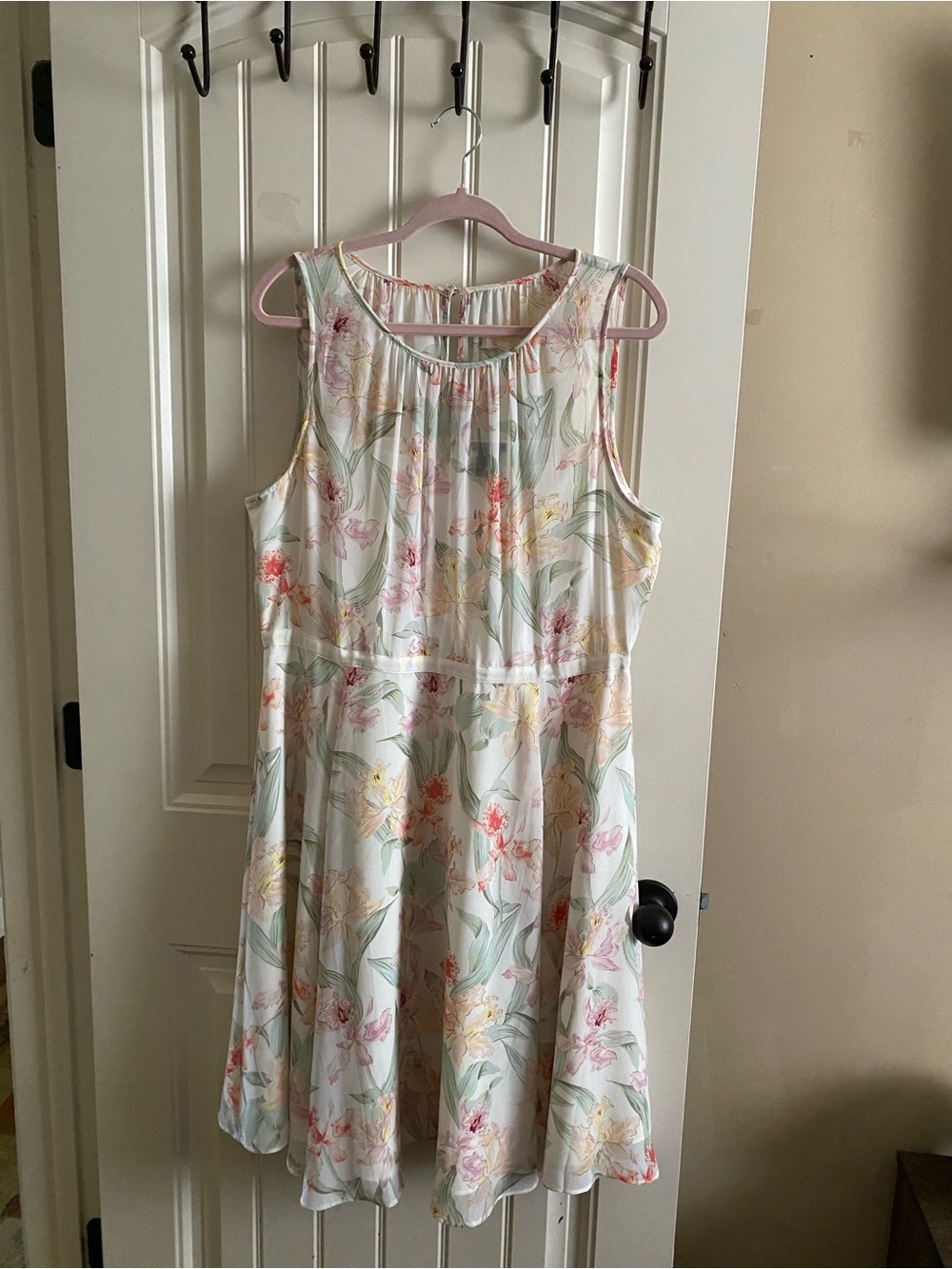 Ann Taylor Floral Pastel Dress in White and Soft Mint with ribbon waistband.